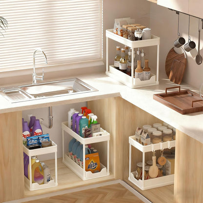 Under Sink Organizers and Storage 2 Pack, Pull-Out Sliding Cabinet Organizer with 2-Tier Storage Shelf & 4 Hooks, Multi-Purpose for Kitchen & Bathroom (13 Inch, White)