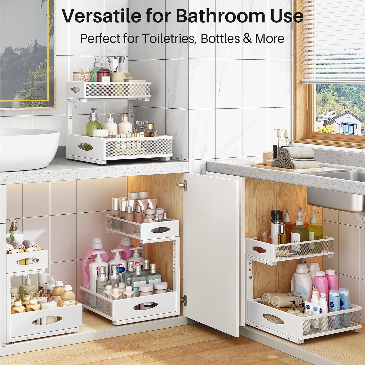 Under Sink Organizer, 2 Pack 2 Tier Pull Out Under Cabinet Organizer Shelf with Pad for Framed Cabinets, Metal Slide Out Under Sink Storage, Mesh Sliding Drawers for Kitchen Bathroom Laundry, Black