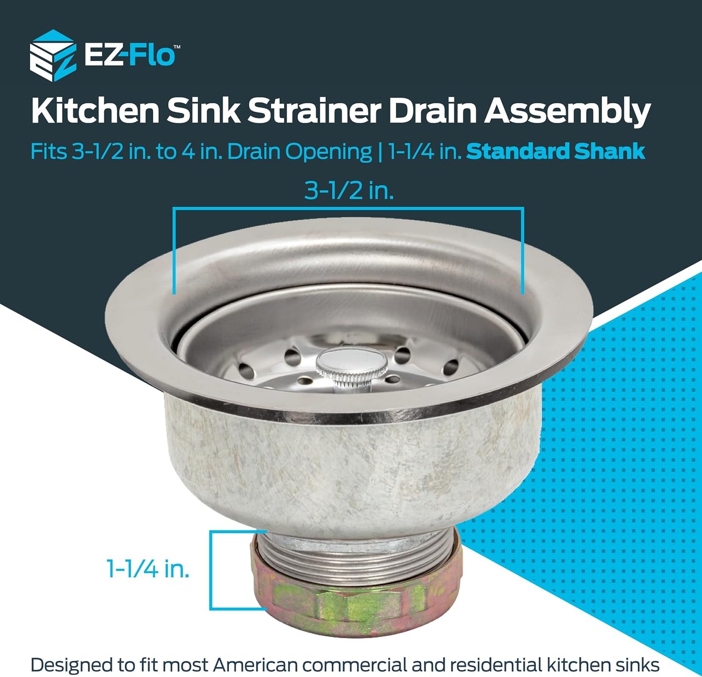 EZ-FLO Double Cup Kitchen Sink Drain Assembly, Sink Strainer fits 3-1/2 inch to 4 inch Opening, 1-7/8 inch Extended Shank, Stainless Steel, 30019