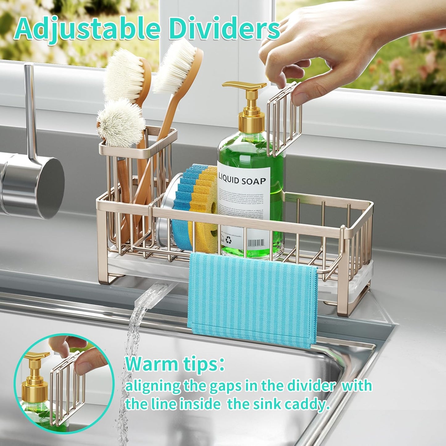 HapiRm Sponge Holder for Kitchen Sink - Self-draining Sink Caddy with Brush and Dishcloth Holders, Stainless Steel Kitchen Countertop Organizers and Storage Essentials - Black