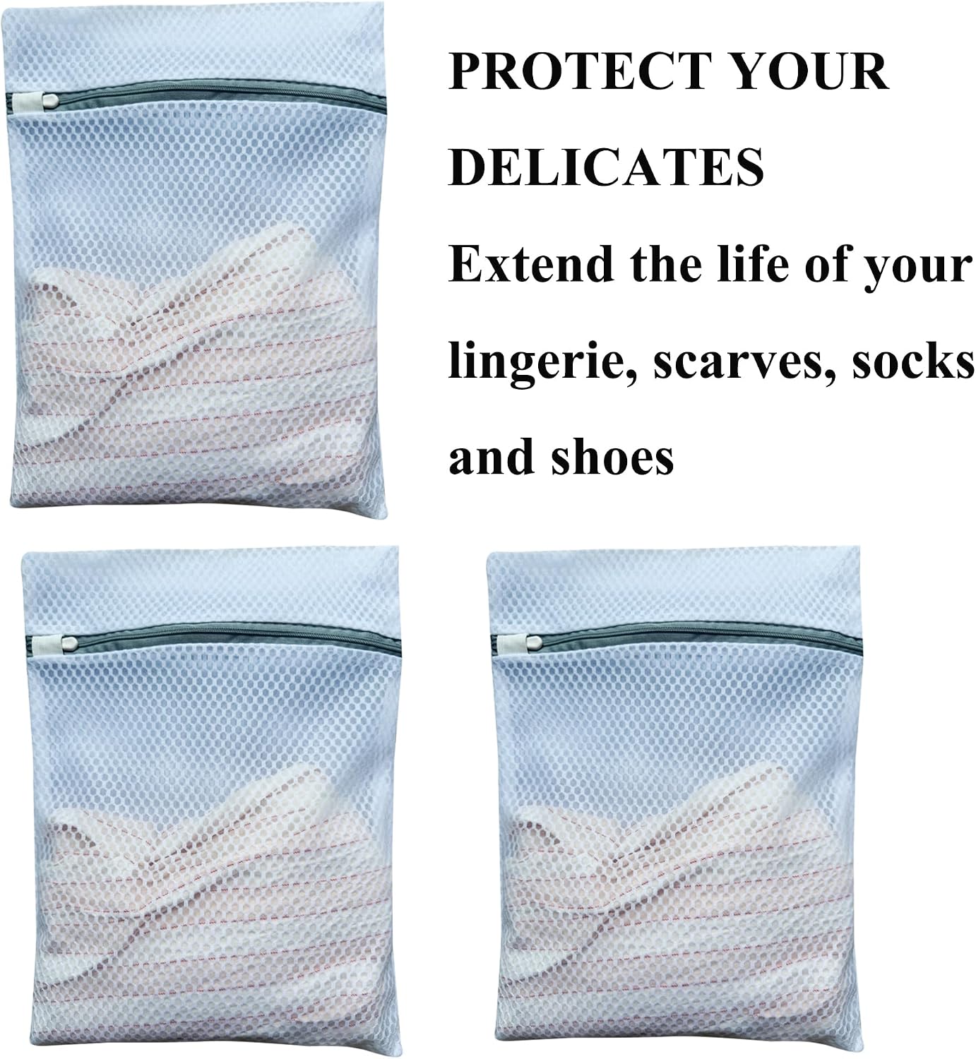 3Pcs Mesh Laundry Bags Durable Zipper Wash Bags for Delicates, Lingerie, Bras, Underwear, Baby Clothes, Shoe, Sock - Protect Garments in Washing Machine Pouch Net Bag Travel 12 x 16 Inches