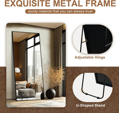 Delma Wall Full Length Mirror,Standing Mirror Full Body,Large Floor for Wall Door Bedroom Bathroom Living Room with Aluminium Frame(with Stand,56x15-Black)