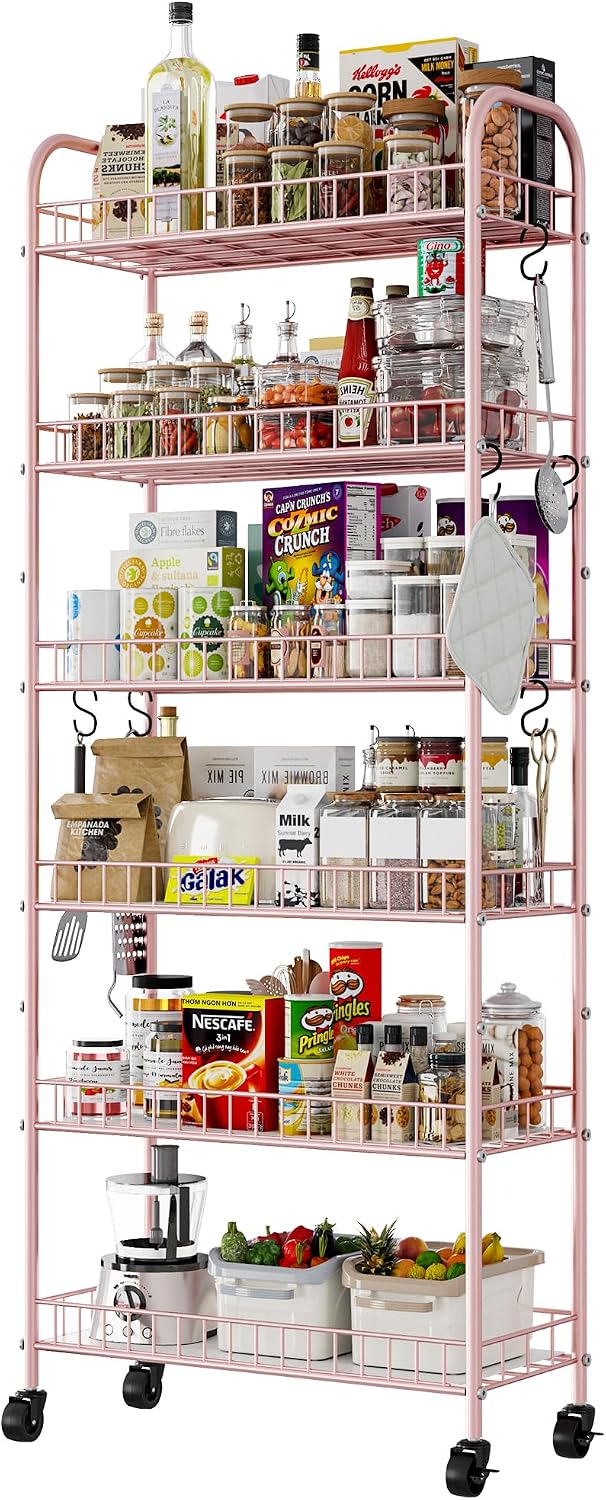 Slim Rolling Storage Cart with Wheels, Metal 6 Tier Spice Rack Mobile Shelving Unit Organizer Kitchen Utility Cart for Office Bathroom Kitchen Laundry Room Narrow Places (6inches)
