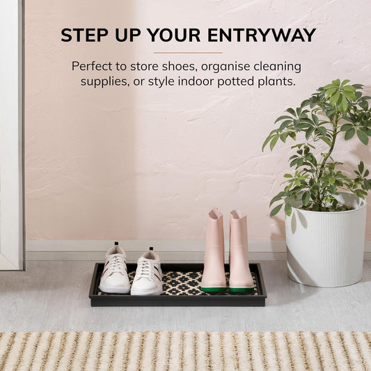 Anji Mountain Heavy Duty Waterproof Rubber Shoe Storage Mat Organizer/Boot Storage Tray Multi Use For Entryway with Coir, Tan and Khaki Insert , Fits 4 Pair (46.5" Wide)