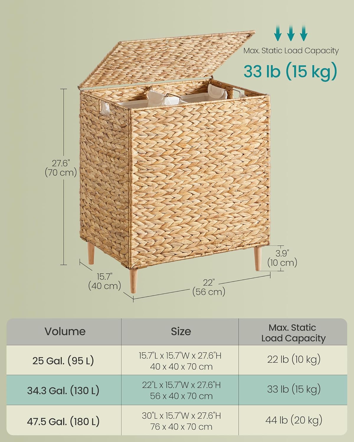 SONGMICS Laundry Hamper 3 Sections, 47.5 Gal. (180 L) Handwoven Water Hyacinth Wicker Laundry Basket with Lid, Natural Material, Removable Machine Washable Liners, Handles, Natural ULCB203Y01