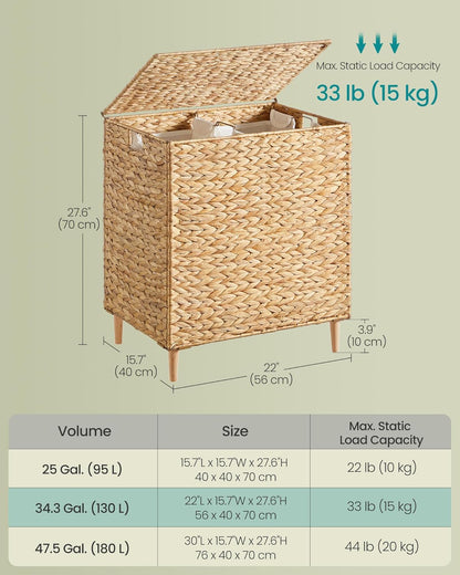 SONGMICS Laundry Hamper 3 Sections, 47.5 Gal. (180 L) Handwoven Water Hyacinth Wicker Laundry Basket with Lid, Natural Material, Removable Machine Washable Liners, Handles, Natural ULCB203Y01