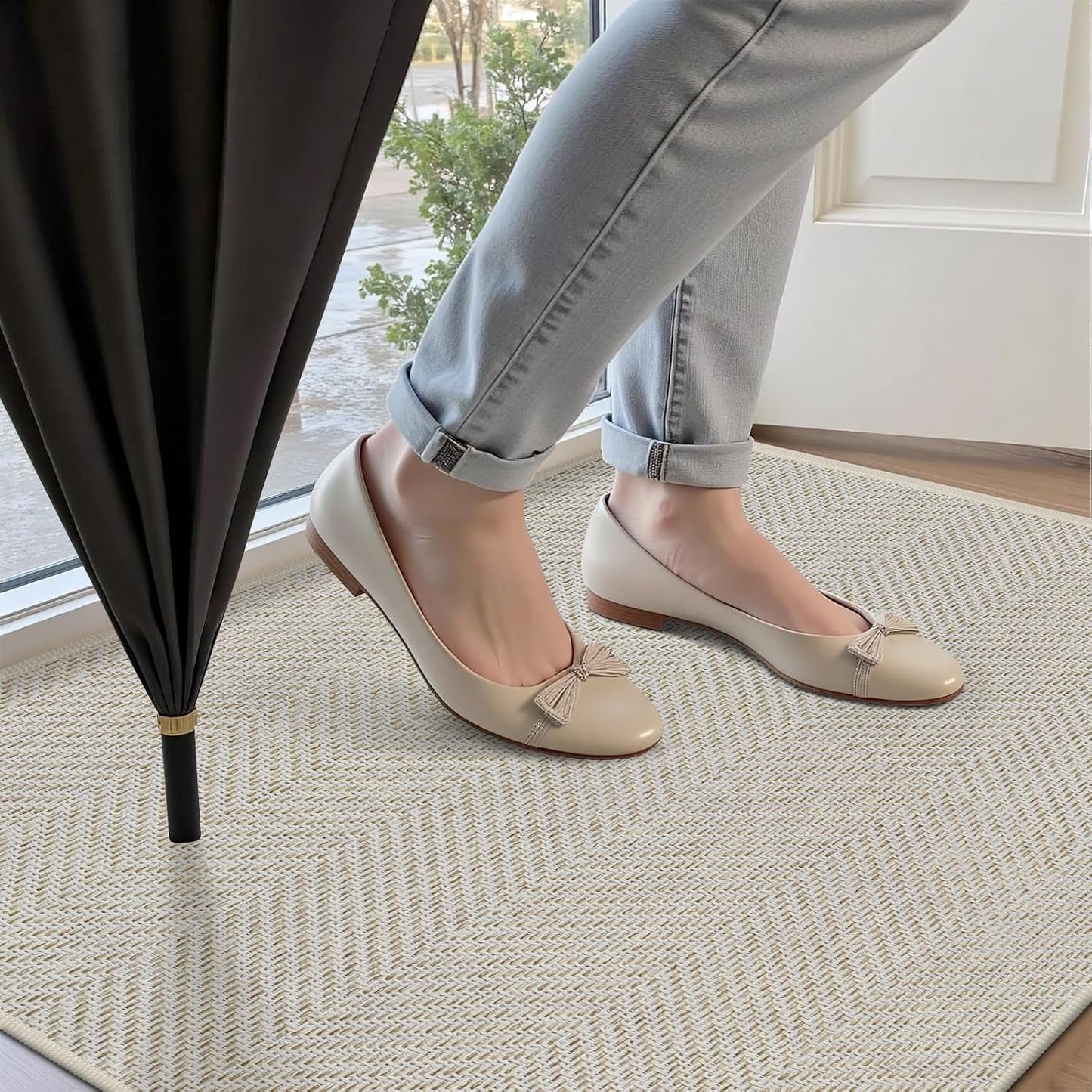 Ultra Thin Indoor Door Mat 24"x36", Washable Door Mat Indoor Entrance, Non Slip Rubber Backing Doormat Low-Profile Inside Entryway Mat, Unique Herringbone Design Entry Mat, Khaki (FOLD)