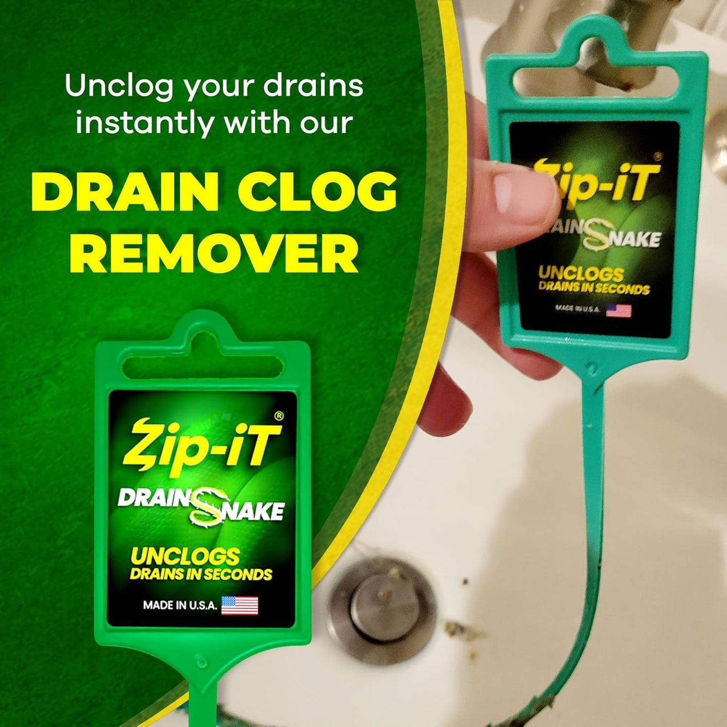 Zip-it Hair Clog Remover, 25-inch Unclogger Tool for Shower, Tub & Sink In Seconds - Reusable Snake Drain Hair Removal Tool, Flexible Snake Non-toxic - Green (1-Pack)