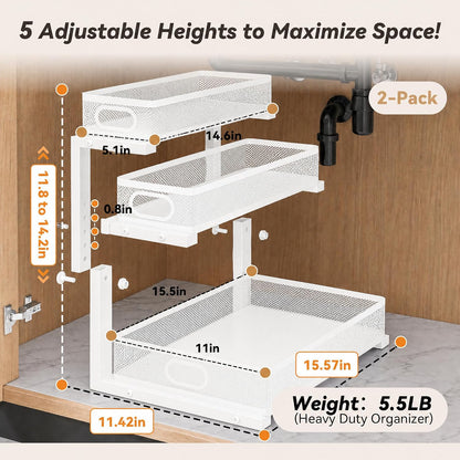 3-Tier Under Sink Organizer 2-Pack Thickened Metal Pull out Cabinet Shelf Height Adjustable Slide Out Drawer Storage Rack for Bathroom Kitchen Pantry Laundry Home Office Organization (Black)