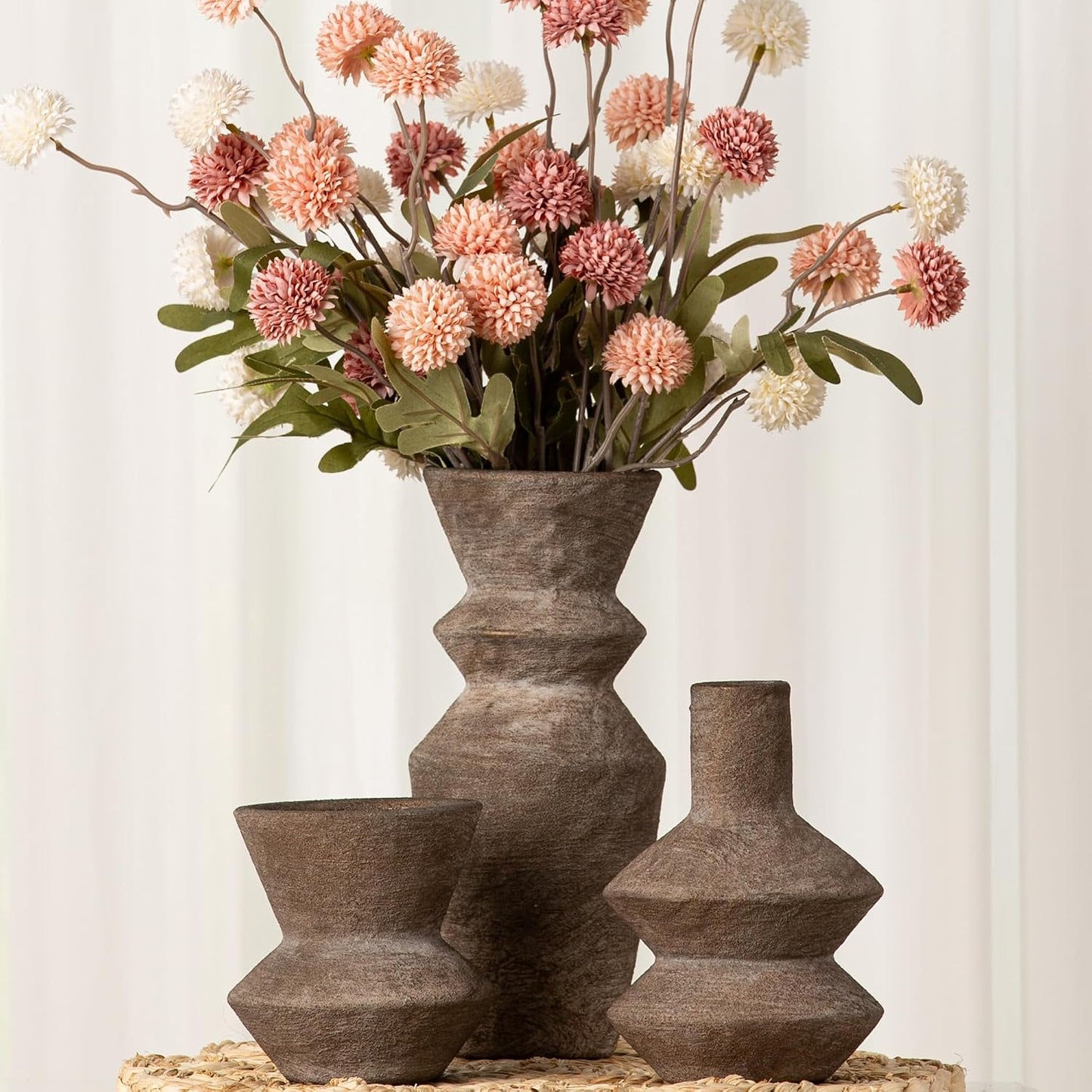 Ceramic Vase Home Table Decor - Flower Vase Set of 3 Living Room Kitchen Decorations Farmhouse Modern Rustic Vases Decorative Centerpiece for Shelf Bedroom Office Bathroom Dining Coffee Desk