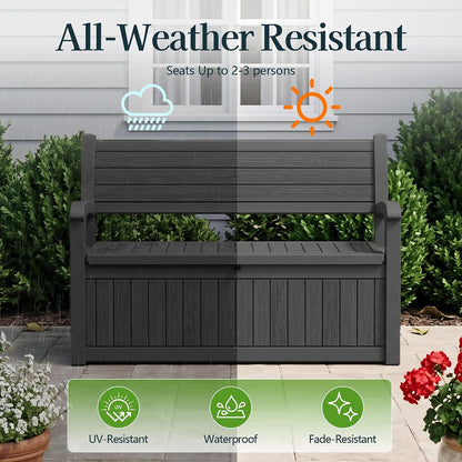Outdoor Bench, Waterproof Garden Bench with Storage, 100 Gallon Lockable Resin Deck Box, Weatherproof Bench Seating for Patio Yard Cushions Tools, Black