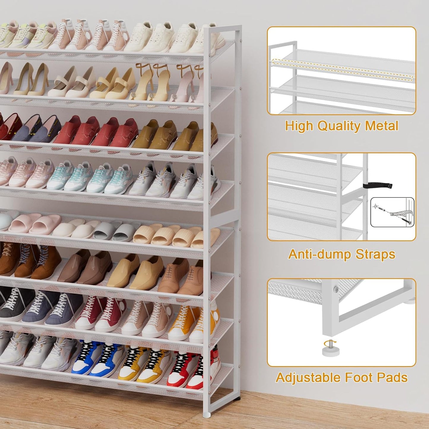 Large Shoe Rack 8 Tier Shoe Organizer, Heavy Duty Metal 4-Tier Stackable Shoe Storage Vertical Shoe Rack for Closet Front Door Entrance, Up to 50 Pairs, 44.8" W x 11.4" D x 56.7" H, Black
