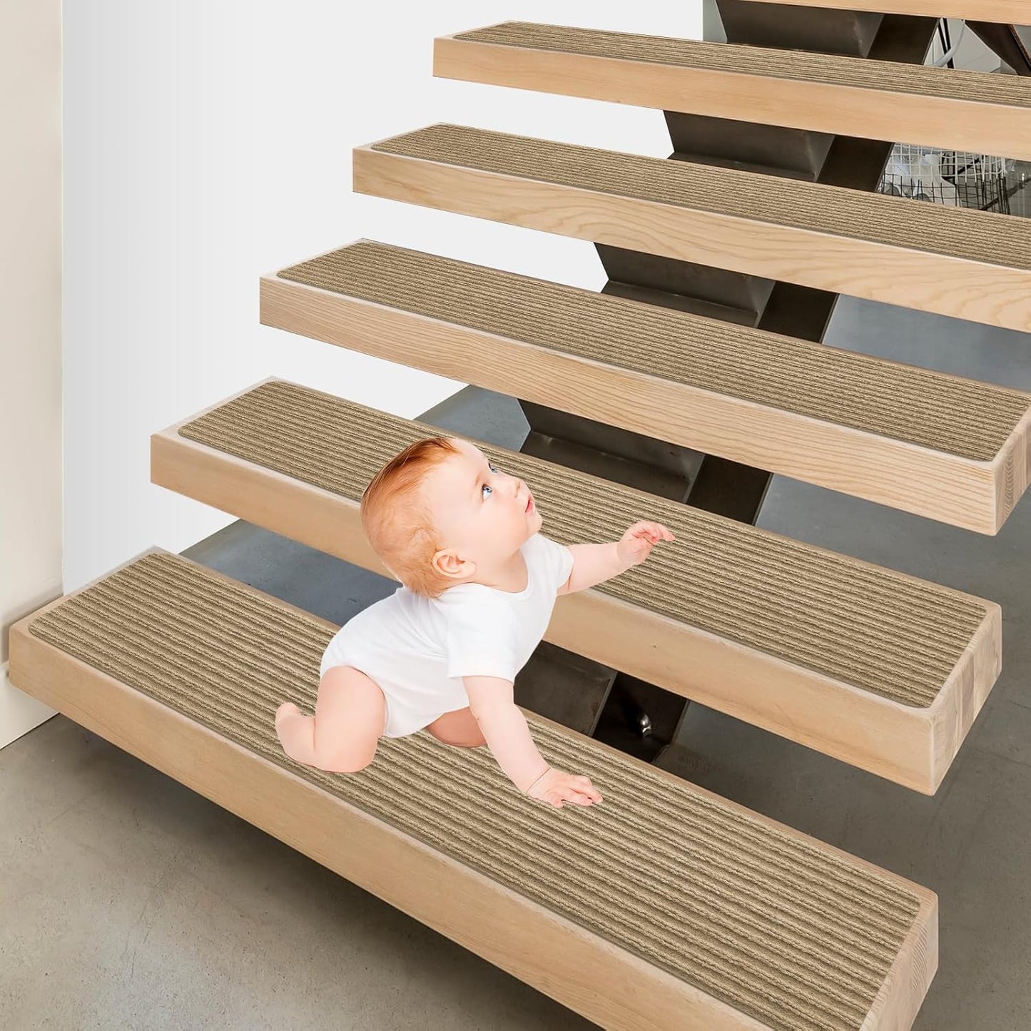 15 Pack 8 "X 30" Non-Slip Carpet Stair Treads for Indoor Wooden Steps, Made of Polyester and Reusable Adhesive, Suitable for Kids Elders and Pets（Black Lines）