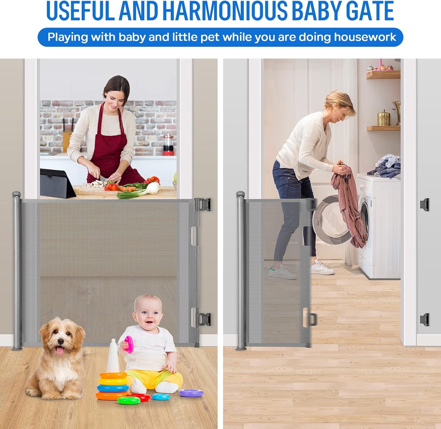 Retractable Baby Gate for Stairs & Doorways, 33" Tall Extends to 71" Wide | Extra Wide Safety Kid Pet Gate, Mesh Dog Gate for Indoor,Outdoor, Hallways One-Handed Operation, Easy Install(33”x71”-Black)