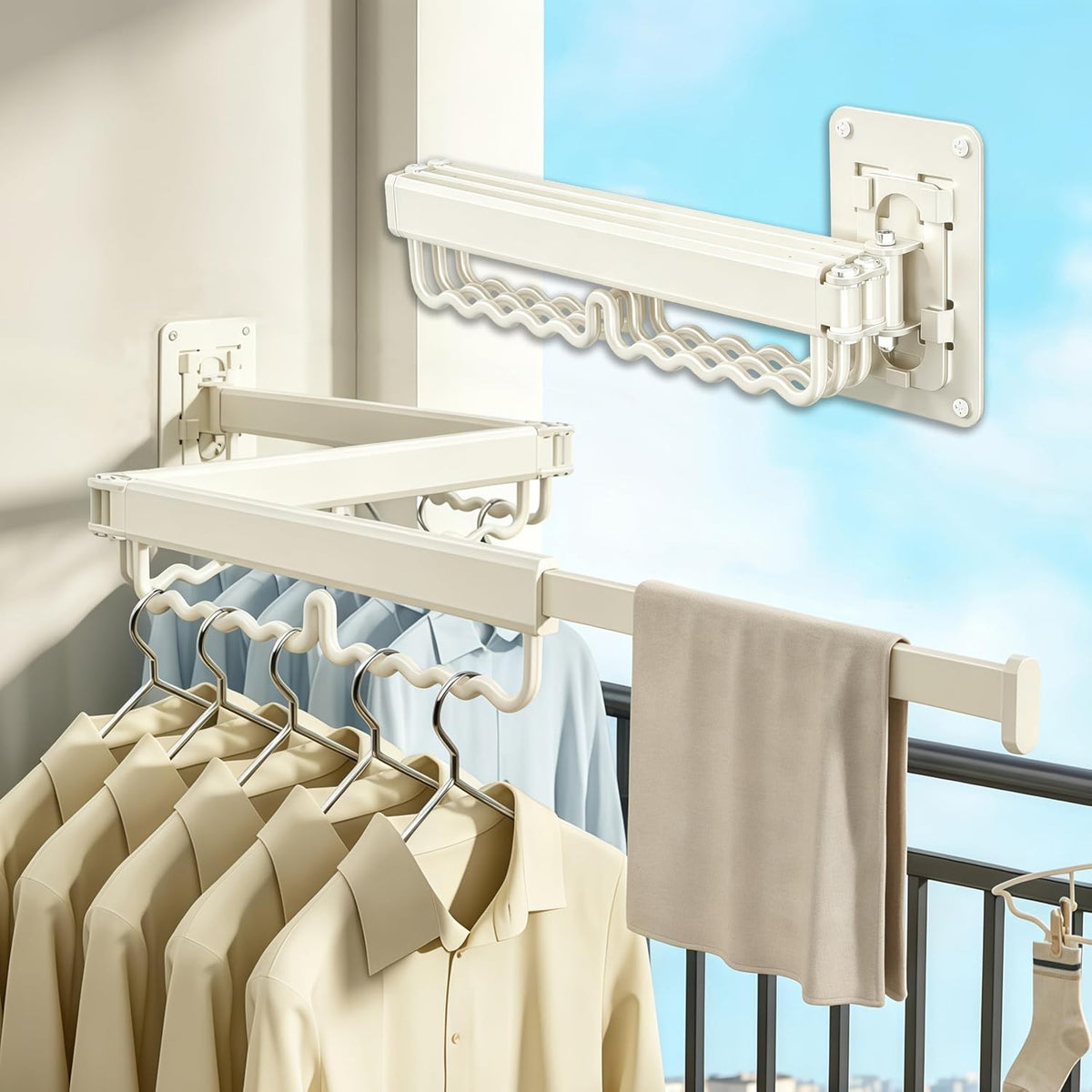 Wall Mounted Drying Rack, Foldable and Expandable, Milky White, with 30 Hooks, for Laundry Room, Balcony, Bathroom