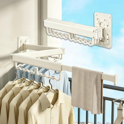 Wall Mounted Drying Rack, Foldable and Expandable, Milky White, with 30 Hooks, for Laundry Room, Balcony, Bathroom