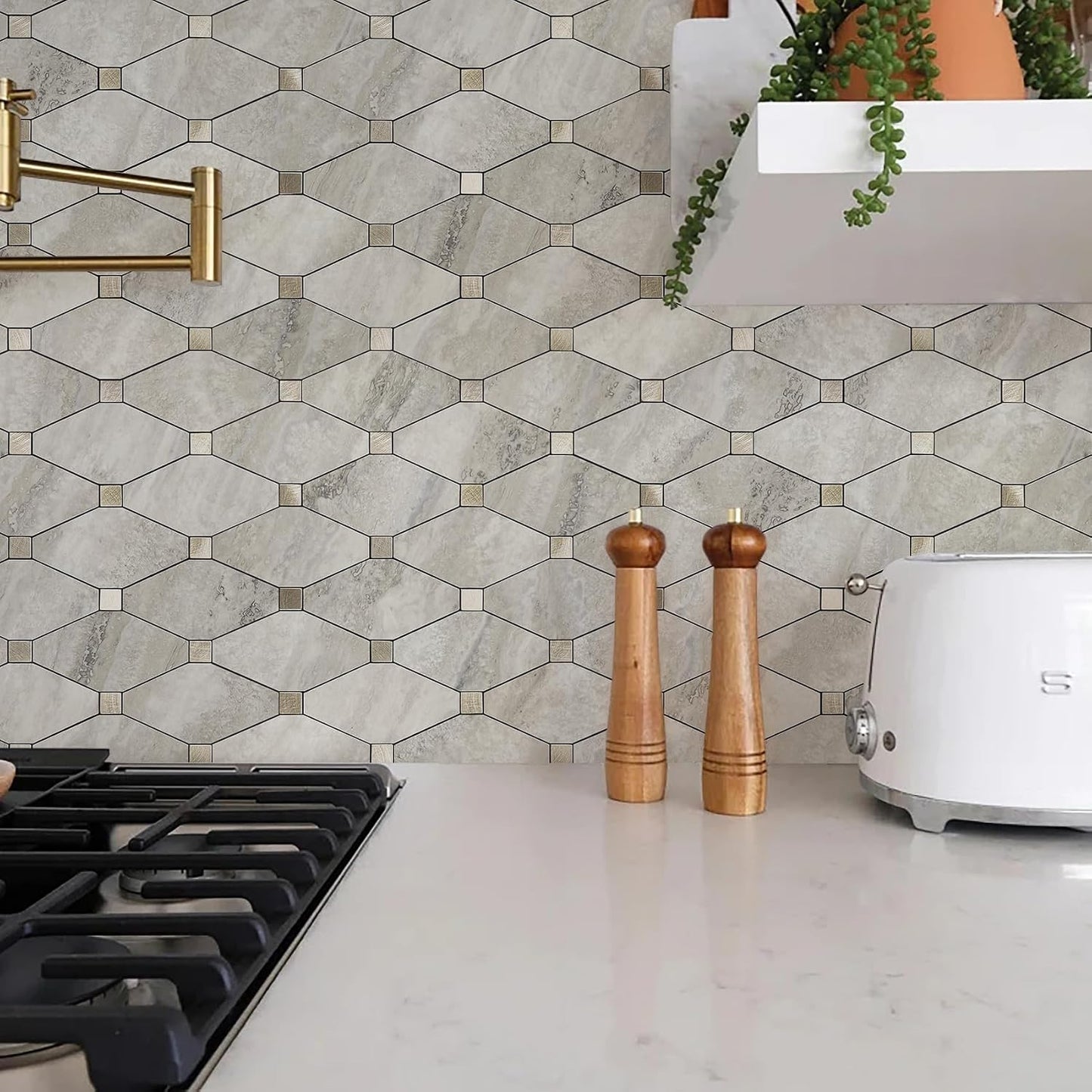 STICKGOO 10 Sheets Peel and Stick Backsplash, Polished Dolomite PVC Mixed Metal Gold Kitchen Backsplash, Stick on Backsplash Wall Tiles for Kitchen, Bathroom, RV