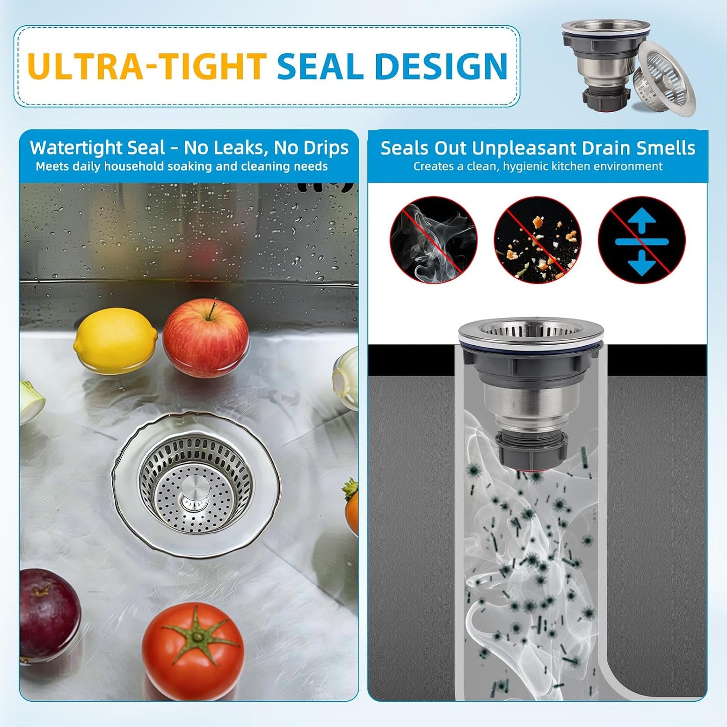 Hibbent Upgraded 3 In 1 Kitchen Sink Drain Strainer and Stopper Combo Assembly Kit, Stainless Steel Larger Anti-Clogging Basket, Pop Up Stopper Plug for US Standard 3-1/2 Inch, Brushed Nickel