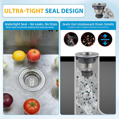 Hibbent Upgraded 3 In 1 Kitchen Sink Drain Strainer and Stopper Combo Assembly Kit, Stainless Steel Larger Anti-Clogging Basket, Pop Up Stopper Plug for US Standard 3-1/2 Inch, Brushed Nickel