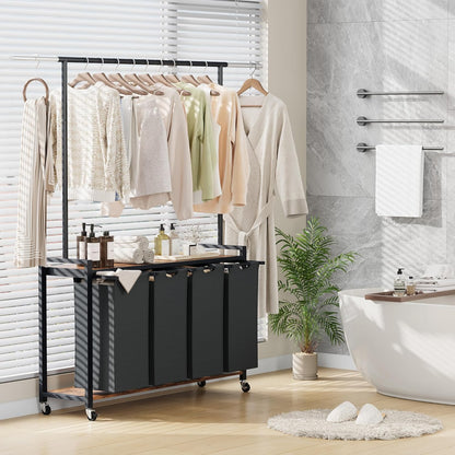 Laundry Basket Organizer, 2 Section Laundry Sorter with Lockable Wheels, Rolling Laundry Hamper with Hanging Rack & Shelf, Folding Station for Laundry Room, Bedroom, Bathroom, Dorm, Closet Storage