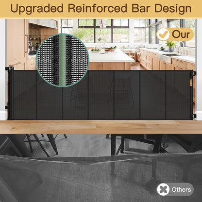 Reinforced 55" Wide Retractable Baby Gates with Reinforced Strips, Indoor/Outdoor Retractable Dog Gate for Doorway Prevent Bottom Drilling Through, No Bottom Bar Safety Mesh Baby Gate for Stair, Black