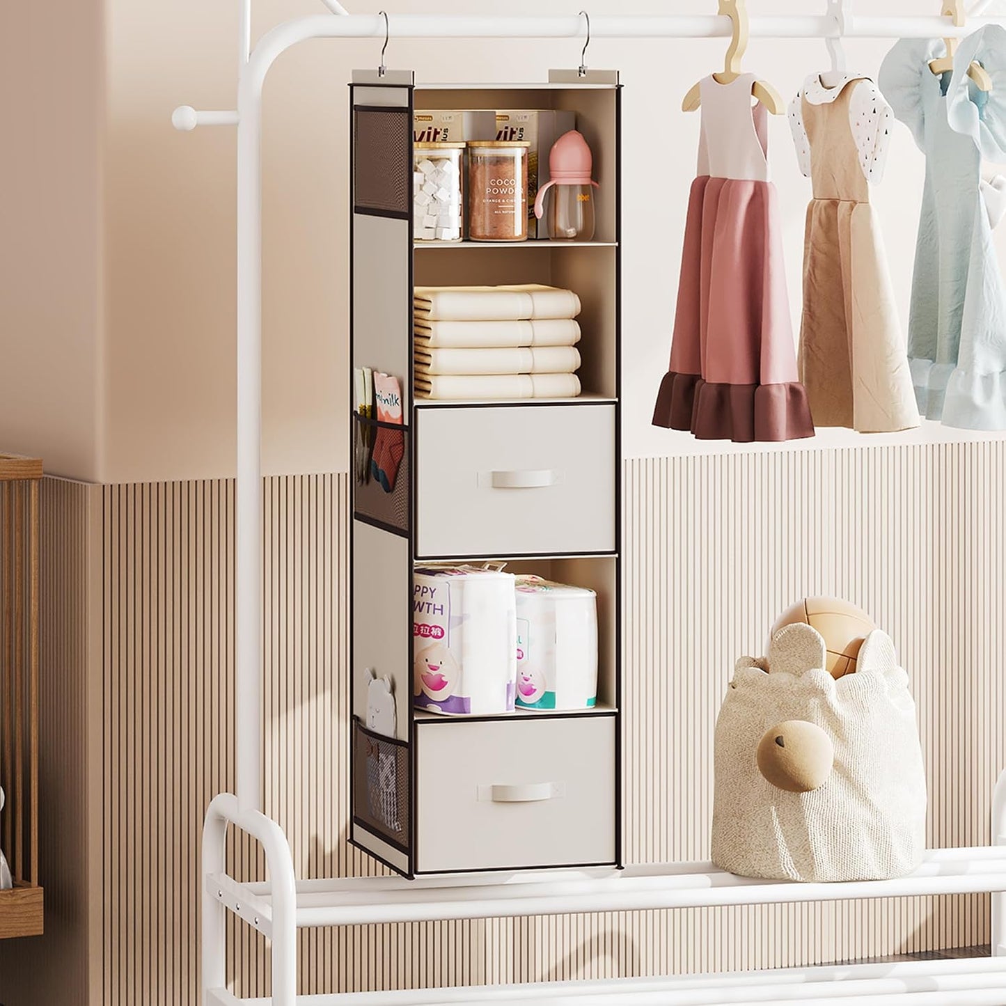 YOUDENOVA Hanging Closet Organizer, 5 Tier Hanging Closet Shelves with 6 Side Pockets and 2 Drawers, Black
