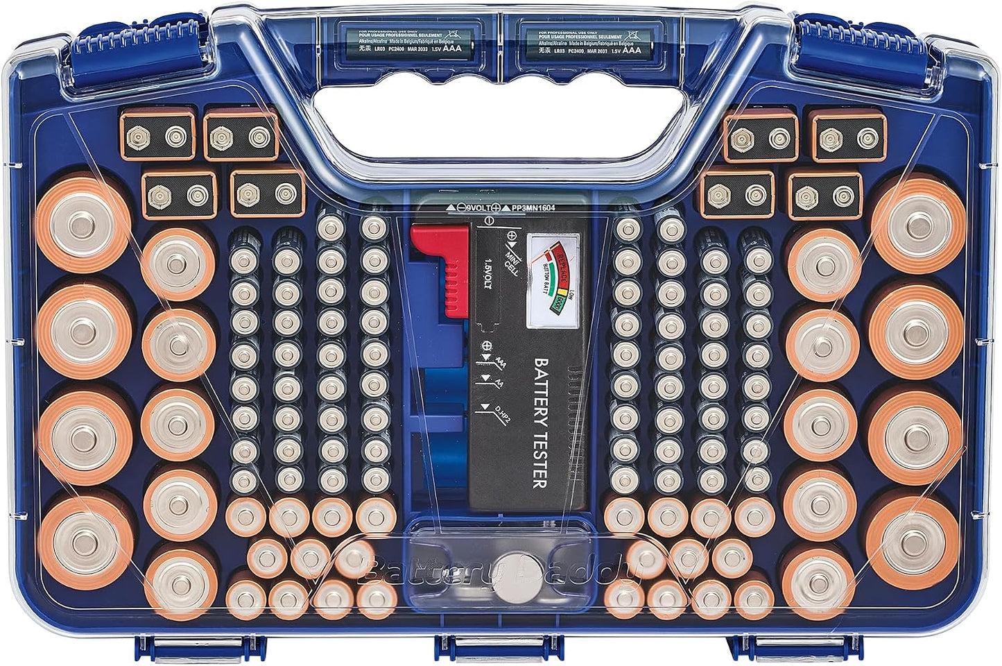 Battery Daddy Storage & Organizer Case with Tester, Stores & Protects Up to 180 Batteries, Double-Sided, Clear Locking Lid, Secure Latches & Portable Carrying Handle - White (Batteries Not Included)
