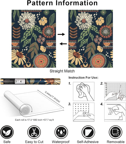 Simon&Siff Boho Peel and Stick Wallpaper, 17.3" x 80" Sun Floral Retro Contact Paper Removable Self Adhesive Wall Paper for Cabinets Furniture Bedroom Nursery Bathroom Renter Friendly DIY Decor