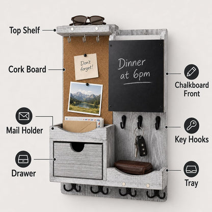 Key Holder for Wall Mount with Shelf and Mail Organizer, Key and Mail Holder with 16 Hooks, Farmhouse Entryway Organizer, Home Decor Rack (Pine Wood, Black)