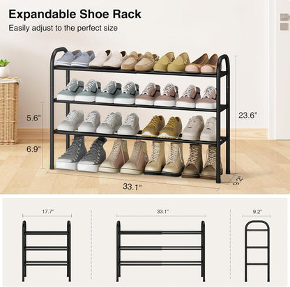 STO STO Expandable Shoe Rack, 3-Tier Metal Small Shoe Rack for Closet, Up to 16 Pairs Adjustable Shoes Racks Storage for Front Door Entrance, Free Standing Shoes Rack Organizer for Entryway, Black