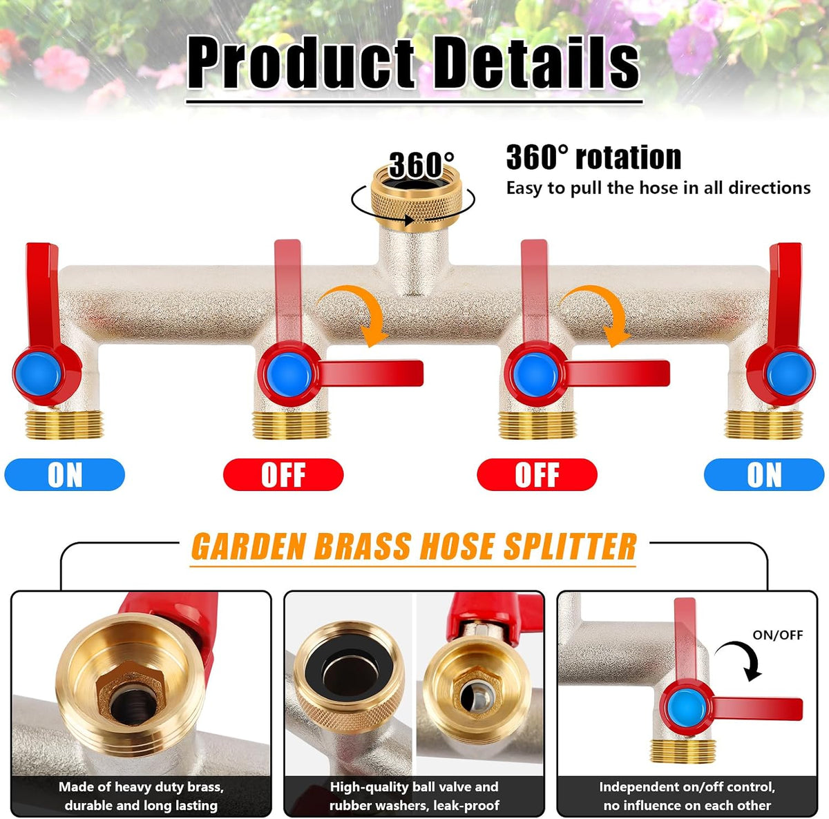 Upgraded Brass Garden Hose Splitter, 3/4" Hose Splitter 2 Way Heavy Duty with Extension Handles, Outdoor Faucet Splitter Water Spigot Splitter with Individual On/Off Valve