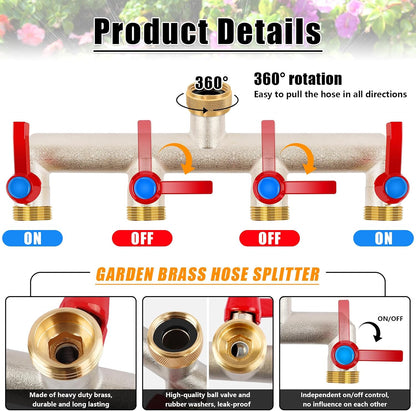 Upgraded Brass Garden Hose Splitter, 3/4" Hose Splitter 2 Way Heavy Duty with Extension Handles, Outdoor Faucet Splitter Water Spigot Splitter with Individual On/Off Valve