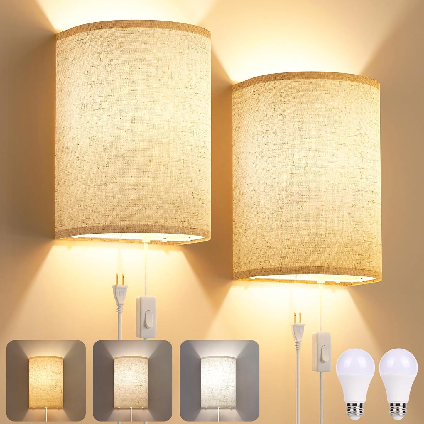 Battery Operated Wall Sconce Set of Two: 10000mAh Wireless Wall Light with Rechargeable Magnetic Bulb - Dimmable Wall Lamp with 7 RGB Colors - Linen Shade Sconces with Remote for Bedroom Living Room