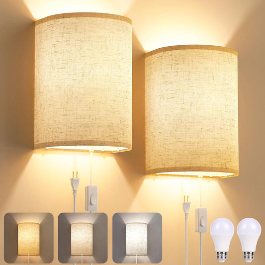Battery Operated Wall Sconce Set of Two: 10000mAh Wireless Wall Light with Rechargeable Magnetic Bulb - Dimmable Wall Lamp with 7 RGB Colors - Linen Shade Sconces with Remote for Bedroom Living Room