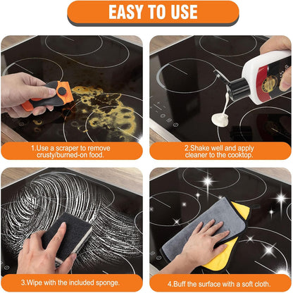Meuvcol Glass Stove Top Cleaner Kit, 12 Oz Glass Cooktop Cleaner Non-Abrasive, Stove Oven Cleaner & Polish For Ceramic, Electric, Induction, Flat Top Stovetop, Gas - With Scrubbing Pad, Scraper, Cloth