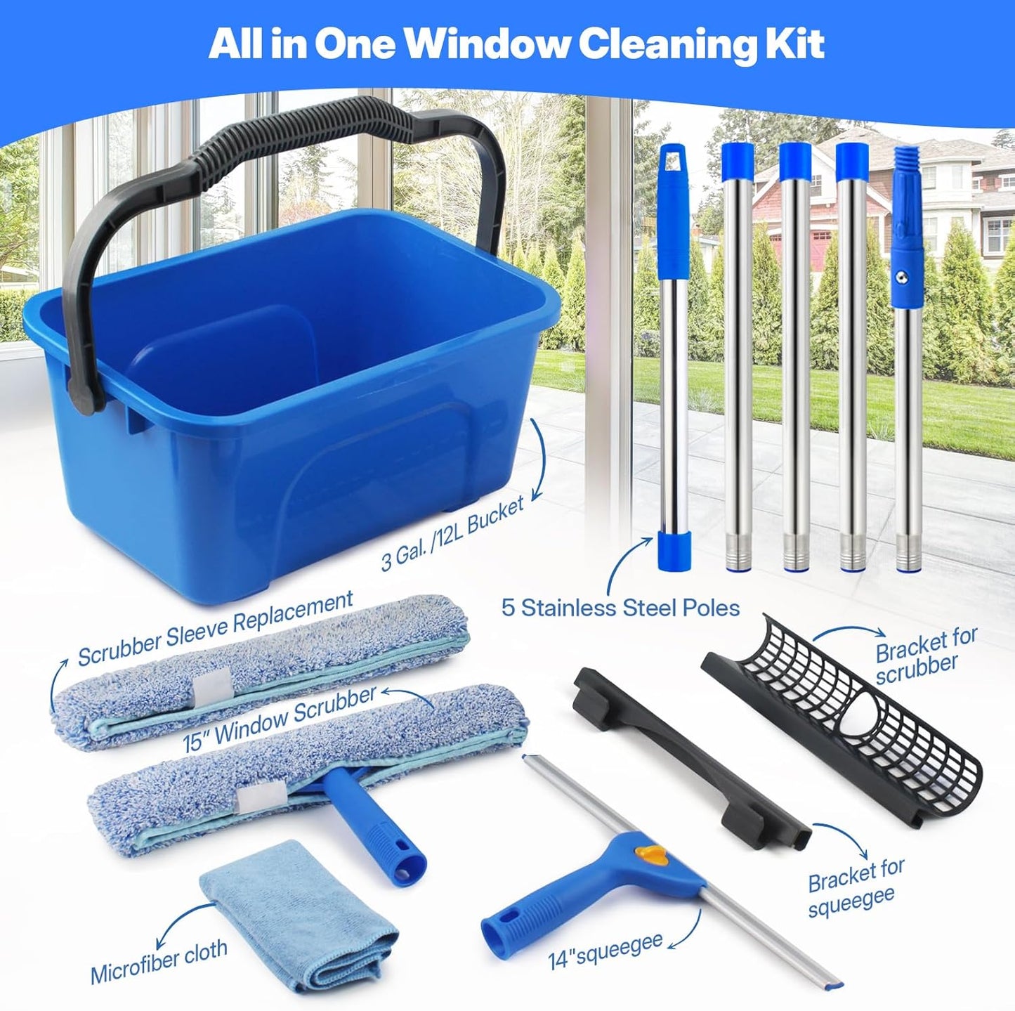 Professional Window Cleaning Kit with Bucket 3 Gallon, 76" Long Handle Window Squeegee and Microfiber Scrubber, High Windows Washing Equipment, Window Cleaner Tool for Commercial, Home, Outdoor, Car