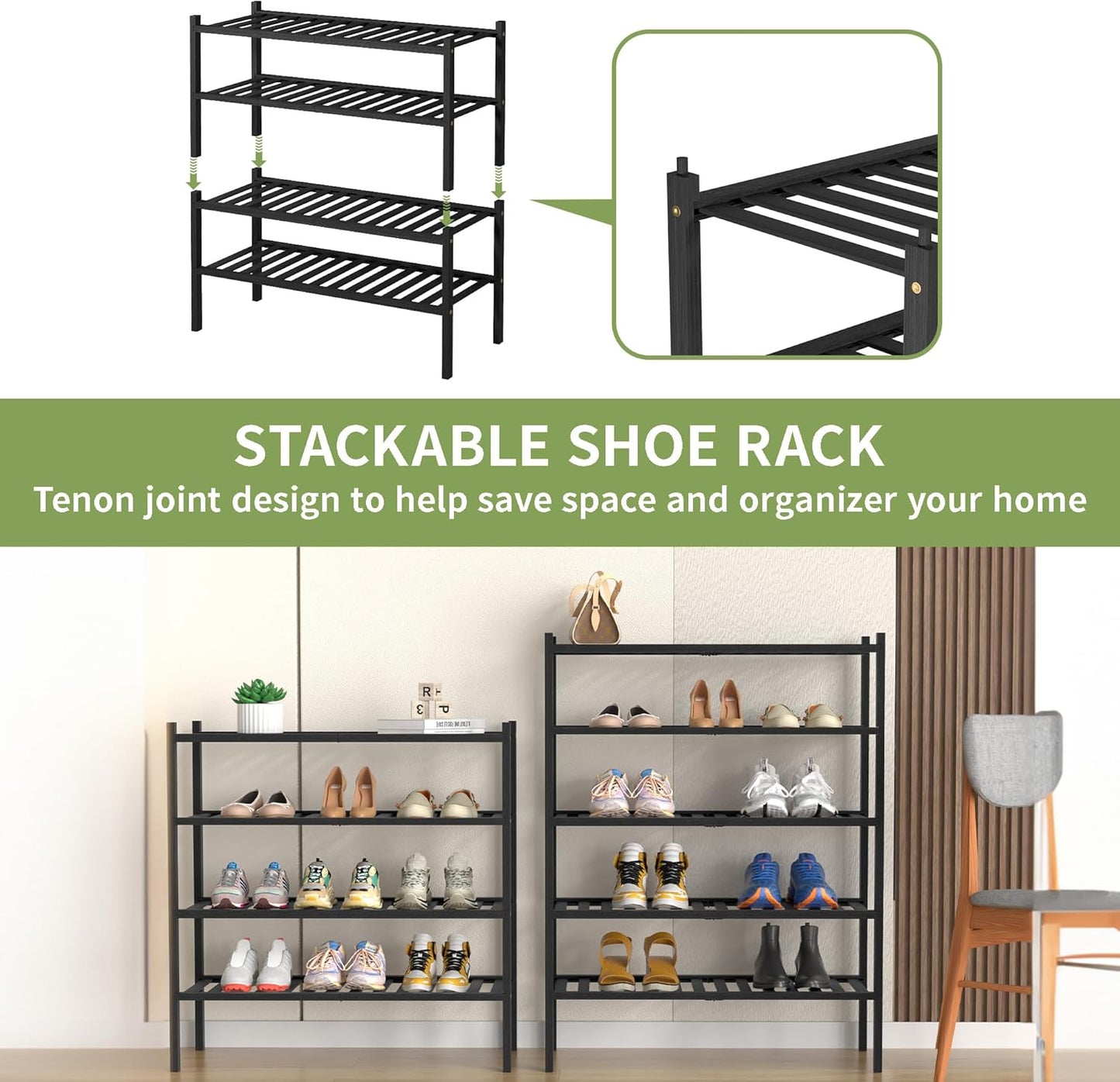 ROMGUAR CRAFT 3 Tier Bamboo Shoe Rack for Closet Free Standing Wood Shoe Shelf Storage Organizer for Entryway Small Space Stackable 27"x11"x20" (Natural)