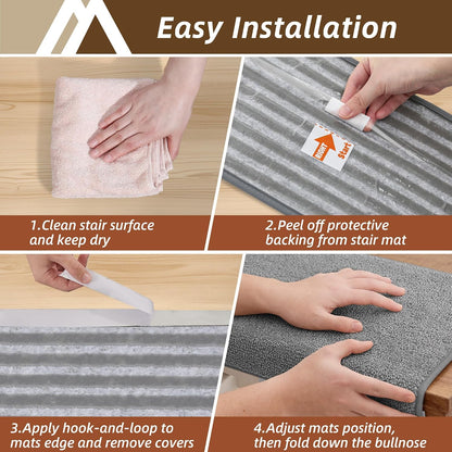 COSY HOMEER Bullnose Carpet Stair Treads, Peel and Stick Non-Slip Stair Treads for Wooden Steps, 11" x 30" Indoor Stair-Runner Rugs (4Pc, Gray)