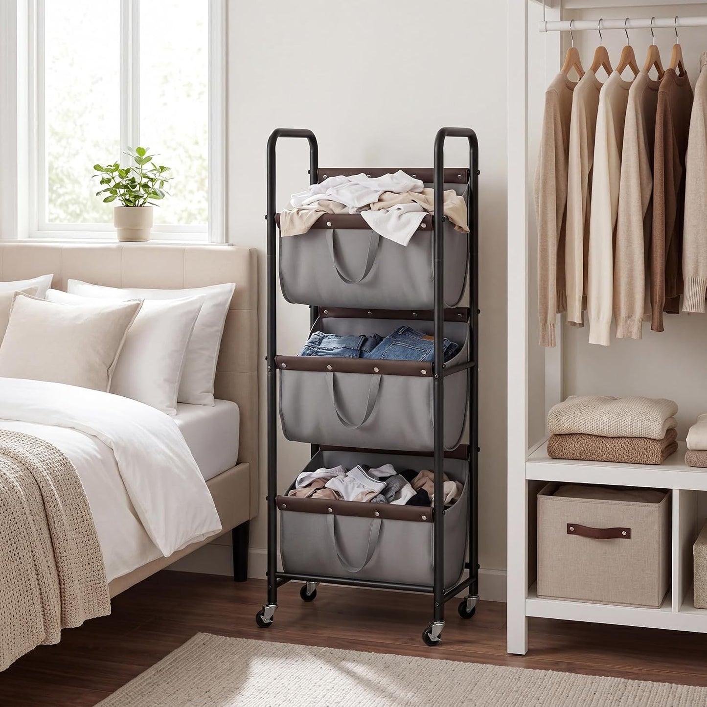 GRANNY SAYS 3 Section Tiered Laundry Sorter, Slim Vertical Laundry Hamper with Wheels, Narrow Rolling Laundry Cart with Removable Bags for Laundry Room, Bathroom, Closet, Dorm, Beige