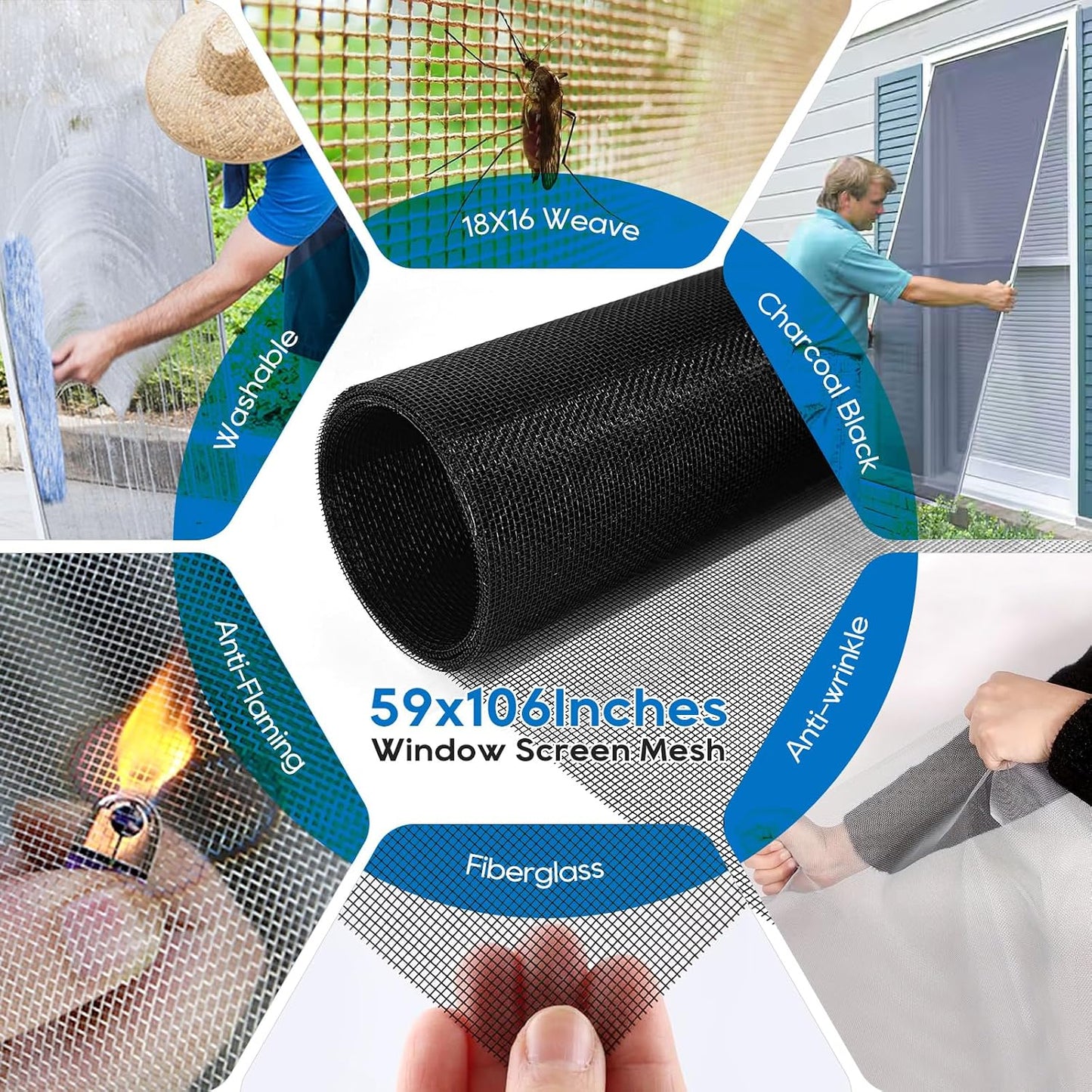 King&Charles Window Screen Door Repair/Replacement Kit, Include Black Screen Mesh 48"x118"+ 2 Roller+50Ft Spline+8Clips+Hook, 6 in 1 Window Mesh Kit, Steel/Nylon Bearing Roller