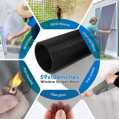 King&Charles Window Screen Door Repair/Replacement Kit, Include Black Screen Mesh 48"x118"+ 2 Roller+50Ft Spline+8Clips+Hook, 6 in 1 Window Mesh Kit, Steel/Nylon Bearing Roller