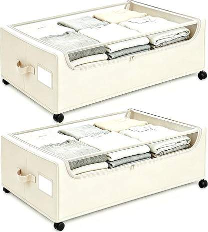 Under Bed Storage with Wheels, 2-Pack Under the Bed Storage Containers with Clear Lids & Label, Underbed Storage Bins, XXXL 85L 11 inches Rolling Metal Drawer for Clothes, Shoes, Toys, Books - Gray