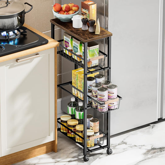 Narrow Rolling Cart with Wheels, 4-Tier Slim Metal Storage Cart with Pull-Out Baskets, 7.87 Inch Width Small Laundry Room Organizer Cart, Space-Saving for Kitchen, Bathroom
