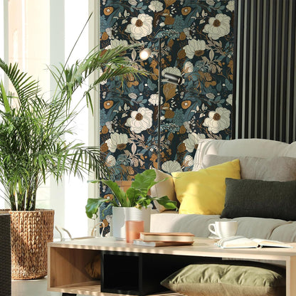 Floral Peel & Stick Wallpaper - Boho Removable Wallpaper for Bedroom & Bathroom - Black/Sand/Oliva - Easy Peel Off - Vintage - Renter Friendly - 118.1" X 17.7"