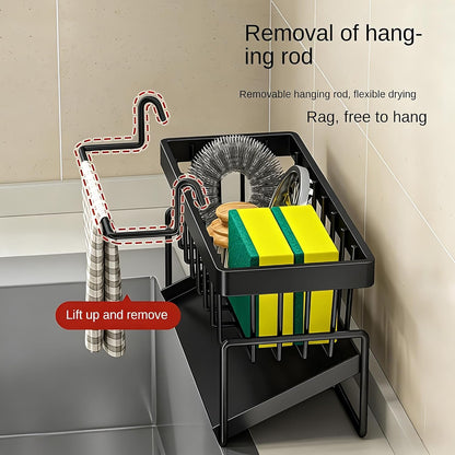 Stainless Steel Sink Caddy – Sponge Holder with Self-Drain Tray, Suction Cups & Adhesive Hook, 3-in-1 Kitchen Organizer for Sponge, Brush, Scrubber,Black