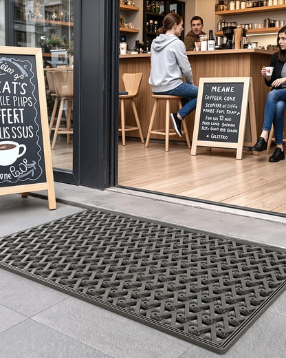 DEXI Front Door Mat Outside Entrance Rubber 19x30, Welcome Floor Doormat Heavy Duty Non Slip, Dirt Trapper Waterproof Exterior Entry Mats All Weather for Patio Entryway Drainage, Black