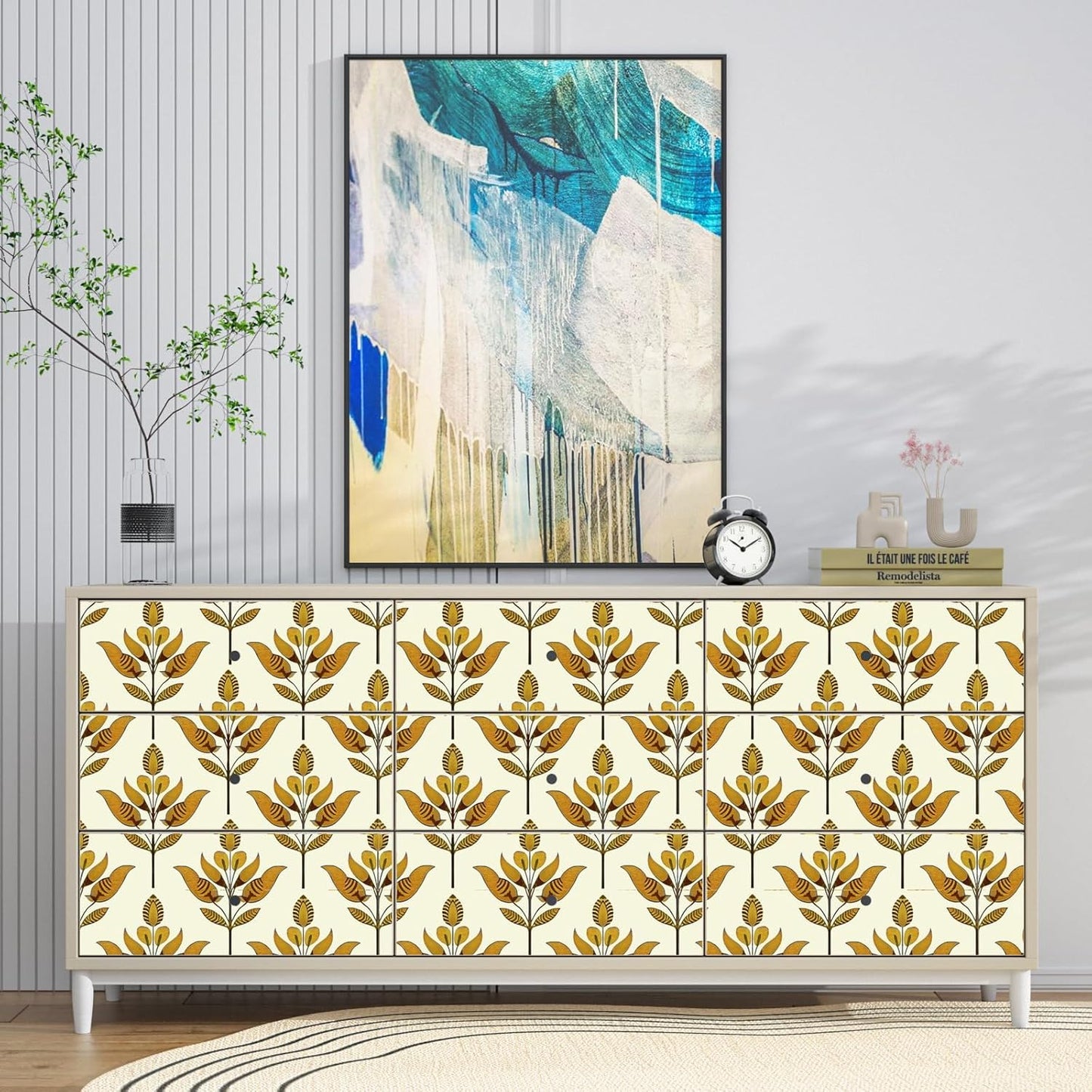 BOKEBEVE Leaves Contact Paper Floral Wallpaper Stick and Peel Boho Damask Wall Paper for Liner Drawer Cabinet Backsplash Renter Friendly Waterproof 17.5 x 118In