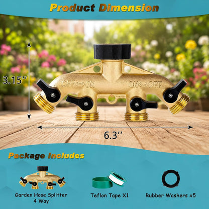 Brass Hose Splitter 2 Way, Heavy Duty Garden Hose Splitter with Shut Off Valves, Y Connector Hose Adapter, No Leak, Includes Washers & Teflon Tape – Dalmbox