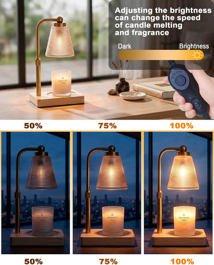 Candle Warmer Lamp with Timer - Adjustable Height & Brightness - Wood Base Glass Shade - 2 Bulbs Included(Square Gold)