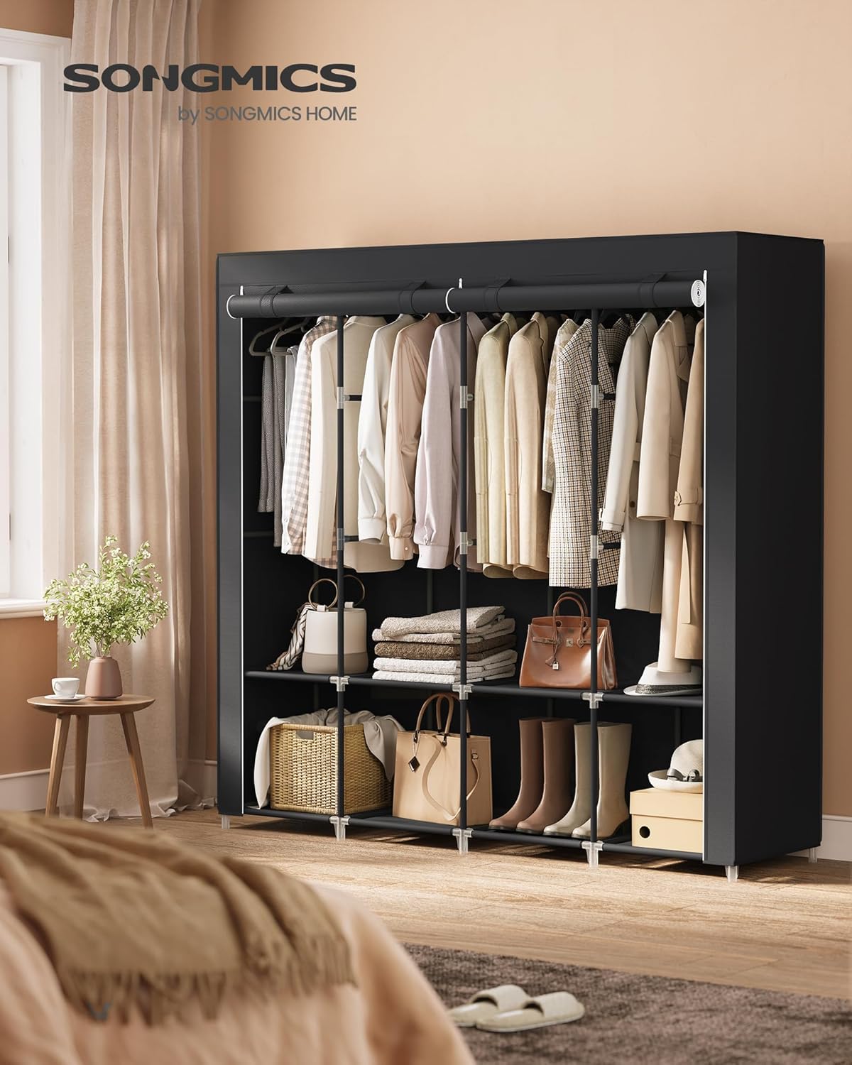SONGMICS Portable Closet, Wardrobe Closet Organizer with Cover, 3 Hanging Rods and Shelves, 4 Side Pockets, 51.2 x 17.7 x 65.7 Inches, Large Capacity for Bedroom, Living Room, Ink Black URYG092B02